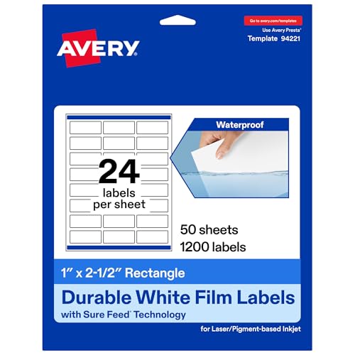Image of Avery Durable Waterproof Rectangle Labels with Sure Feed, 1" x 2.5", 1,200 Oil and Tear-Resistant Waterproof Labels, Laser/Pigment-Based Inkjet Printable Labels