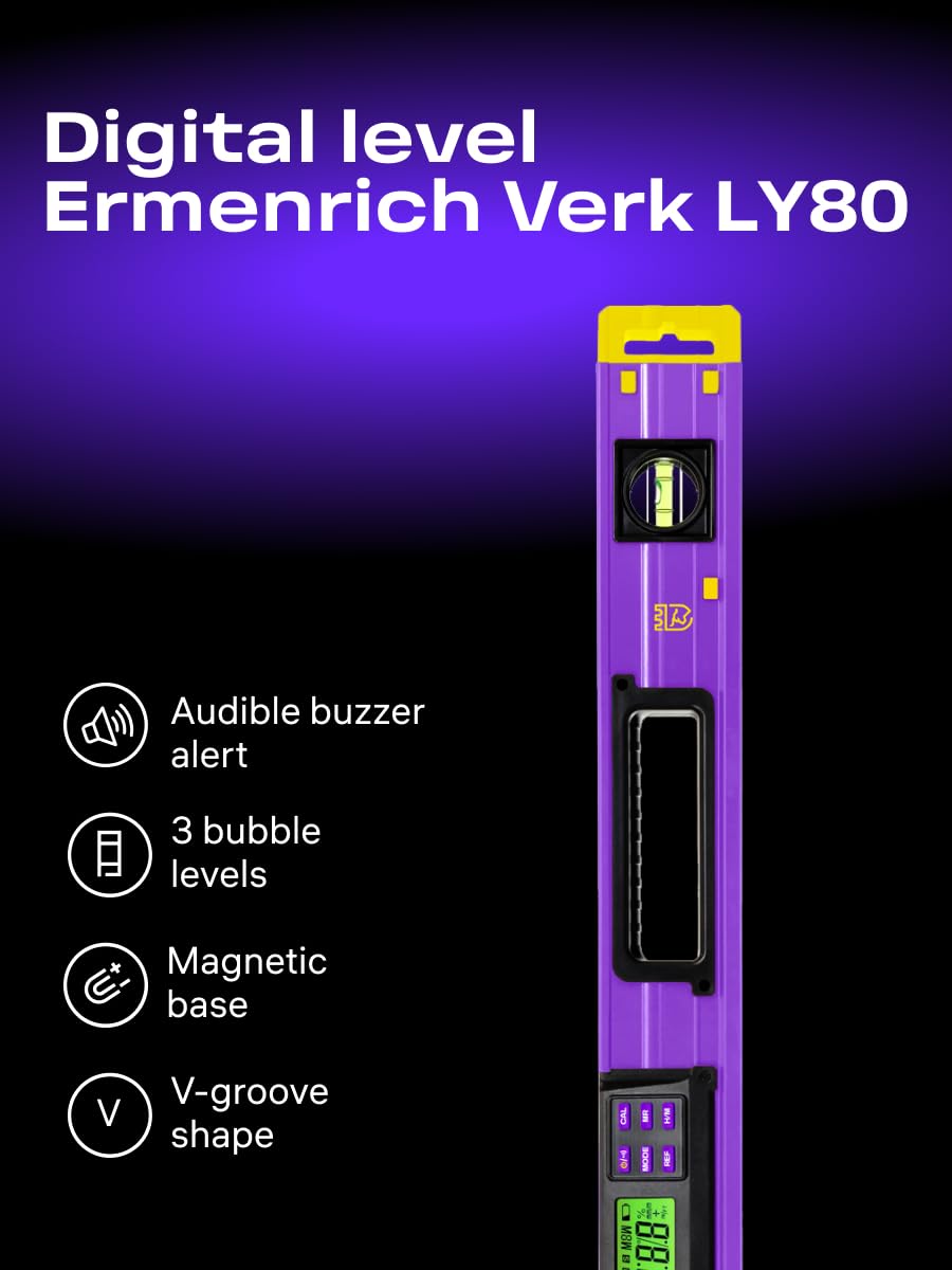 Verk LY80 Poziomica Cyfrowa Kątomierz z Ekranem LCD | 0–360° Magnetyczny Czujnik Nachylenia, 2 Libelle, Dokładność ±0.1°, 4 Tryby, Hold, Budowa, DIY, Drewno