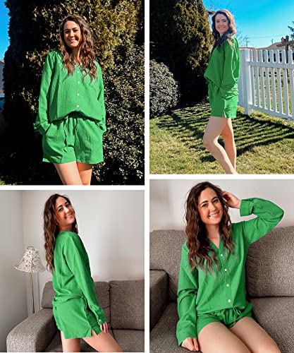 Ekouaer 2 Piece Sweatsuits For Women Elastic Waist Shorts Set Summer Outfit V Neck Lounge Pajamas Set With Pockets Green,Small #TOP3