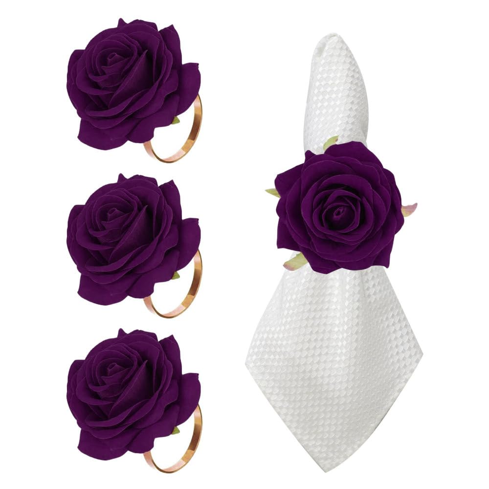 Rose Napkin Rings, 4Pcs Napkin Holders with Metal Bracket, Reusable Napkins Ring for Wedding, Banquet, Birthday, Christmas, Valentine's Day Table Decoration
