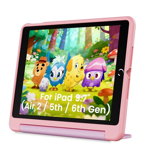 INFILAND Kids Case for iPad 6th/5th Generation (2018/2017) iPad Air 2 (9.7 Inch) Durable Soft Shockproof Stand Protective Cute Cover with Handle (Pink-Purple)