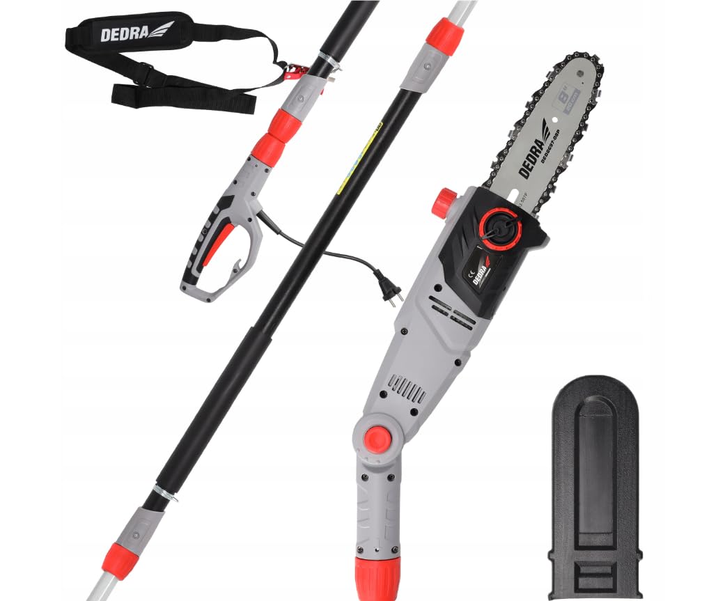 DEDRA Motosierra eléctrica DED8699 2,85 m con brazo telescópico, 750 W, 8", velocidad de cadena eficiente: 11 m/s, sistema sin herramientas para tensar la cadena, ángulo de cabeza ajustable +/-30°