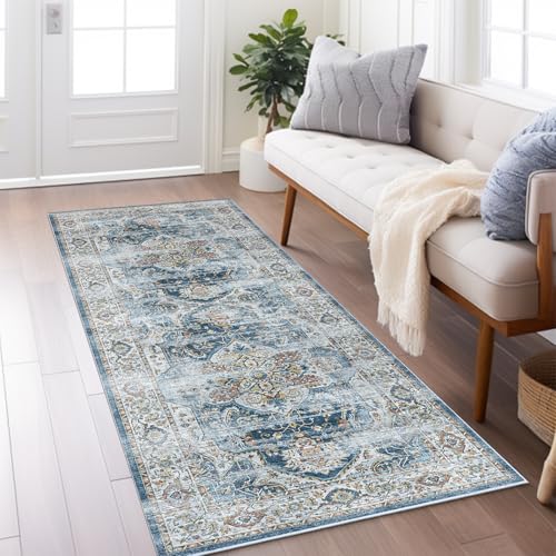 Madane Washable Runner Rug - 2x6 Rug Runners for Hallways 6 Feet Non Slip Vintage Kitchen Runner Rug Ultra-Thin Bathroom Runner Rugs Carpet Laundry Room Bedroom (2x6ft, Navy)