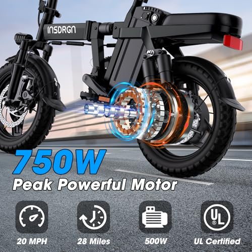 INSDRGN Electric Bike for Adults,14" Folding Adult E Bike with 500W Motor,20 mph,28 Miles Range,Advanced 9-Point Suspension & Pro-Level 44.99% Brake Ratio,Removable Battery,UL 2849 Certified - Image 3