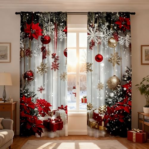 Christmas Ball Holiday Printed Curtains 2 Pieces 2D Flat Printed Red Luxury Xmas Print Curtains with Snowflakes and Pine Branches Various Sizes for Bedroom Living Room Party Decor (Red-B 40*27)