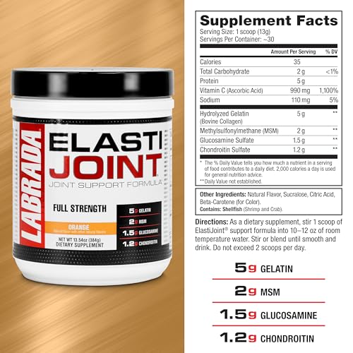 Labrada Nutrition Elastijoint, Orange Flavor,Glucosamine Joint Support Supplement Powder for Men & Women, Joint Relief & Bone Health Supplement with MSM, Glucosamine Chondroitin MSM Gluten-Free