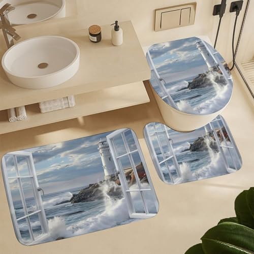 TOWINSFB 4Pcs Coastal Window Lighthouse Shower Curtain Sets Bathroom Decor, Ocean Wave Seaside Scenery Shower Curtain with Non Slip Rug, Toilet Lid Cover, Bath Mat and 12 Hooks 72W x 72L - Image 6