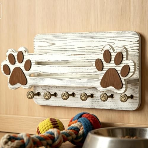 Colgador para correas de perro con 6 ganchos de madera para llaves de casa 4