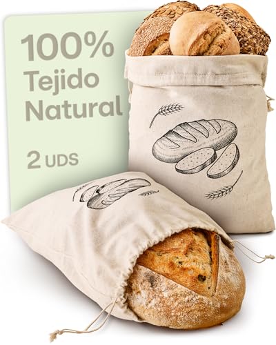 Praknu Pack de 2 Bolsas de Pan de Lino – 30x40 cm Conservación Fresca Sin Plástico – Tela Gruesa para Colgar – Ideal para Bollería y Repostería