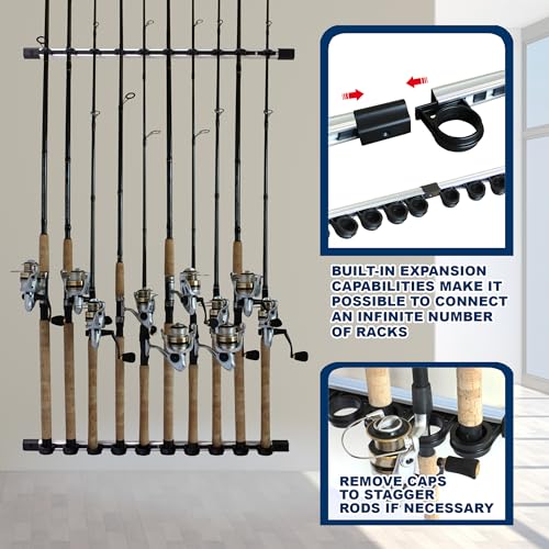 Rush Creek Creations 10-Rod Aluminum Fishing Rod Holder – Wall/Ceiling Mount, Adjustable Spacing, Expandable Storage for Garage, Shed, or Cabin - Holds 10 Fishing Poles and Reels - Thumbnail 6