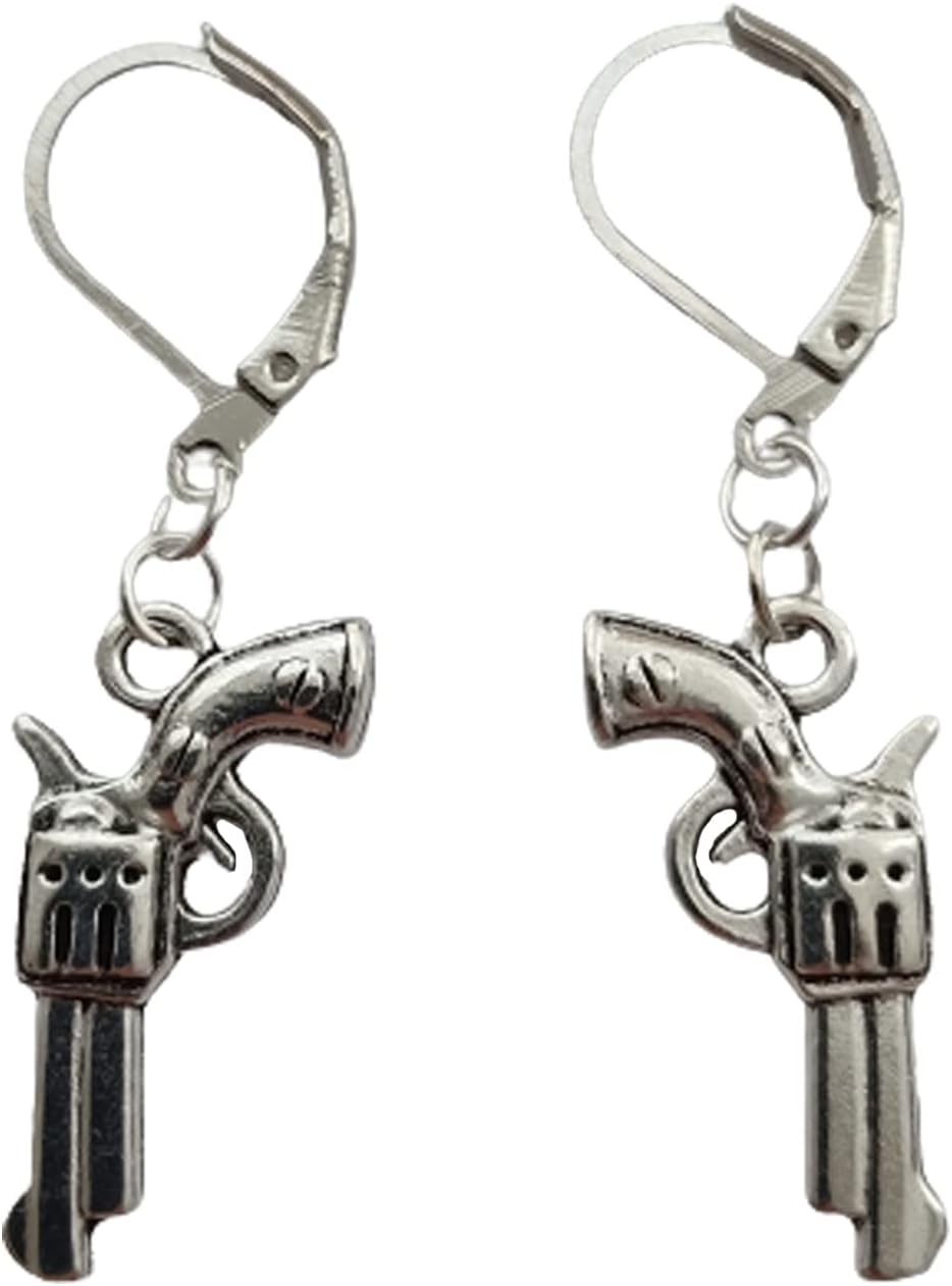 Gun Charm Lever Back Clip Earrings, Revolver Dangle Earrings, West Style, Quirky Jewelry