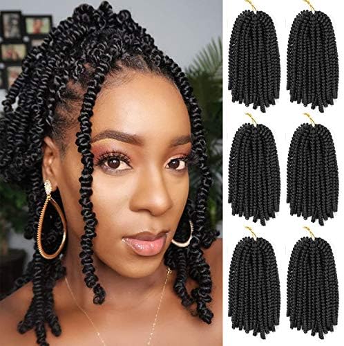 Spring Twist Hair 6 Packs 8 inch Fluffy Spring Twist Crochet Hair Passion Twist Crochet Hair Synthetic Braiding Hair Extensions 15 Strands 55g/Pack(8inch, #1B)
