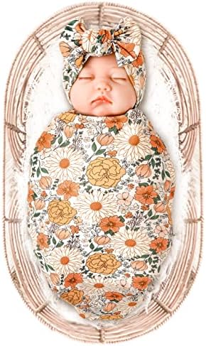 Konssy Baby Blanket & Headband Set, 32 x 32 Inch Swaddle Receiving Blanket