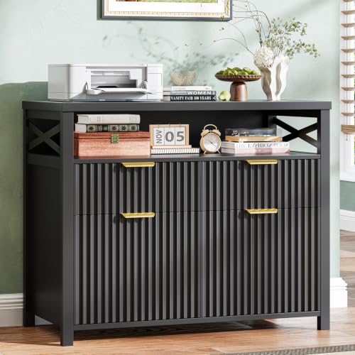 Image of Halitaa Fluted 4 Drawers Home Office File Cabinet for A4 /Letter Size. Black