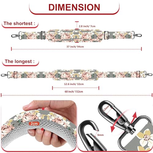 Image of ZINZ 60 inch Universal Bag Strap with Ultra-Thick Fixed Breathable Pad Adjustable Heavy-Duty Shoulder Strap for Laptop Bag Crossbody Luggage Gym Bag Camera Bag and More,Gray Flower
