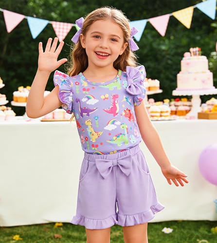 Image of Barlver Girls 2 Piece Short Set Baby Girl Summer Clothes Ruffle Sleeve T-Shirt and Bow Knot Shorts Toddler Girl Outfit Set