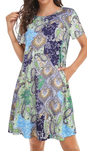 Image of Womens Summer Dresses Beach Casual Loose Tshirt Floral Short Sleeve Flowy Pockets Sundresses 2026