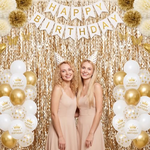 Image of TONIFUL 2Pcs Wavy Champagne Gold Metallic Foil Fringe Curtains Streamers | 3.3ftx6.6ft Photo Booth Backdrop Door Streamer, Props for Bachelorette Birthday Wedding Bridal Shower Baby Shower Decoration
