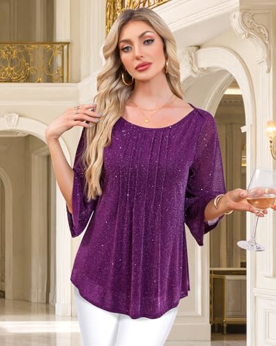 Youtalia Dressy Tops for Women Formal Elegant Blouses 3/4 Sleeve Sparkly Cocktail Party Evening Shirts4