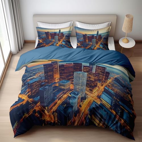 WHUOEUCO Juego de Ropa de Cama 150x220 cm Escena Nocturna La Ciudad Los Ángeles, Funda Nórdica Cama 90 Reversible Microfibra Funda Edredon 3 Piezas para Niño Juvenil y Adulto, con Cremallera
