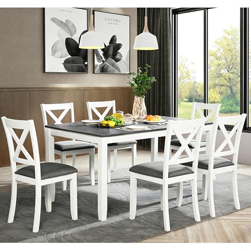 Image of Harper & Bright Designs Modern 7-Piece Dining Set,58.5 inch Solid Wood Table & 6 Padded X-Back Style Chairs, Grey & White Two-Toned for Kitchen /Dining Room, 6-Person Seating