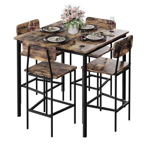 TJYGO Kitchen Table and Chairs of 4, 5 Piece Dining Table Set, Sturdy Industrial Space Saving Dinette Set for Pub, Family Dinners, Apartment, Rustic Brown