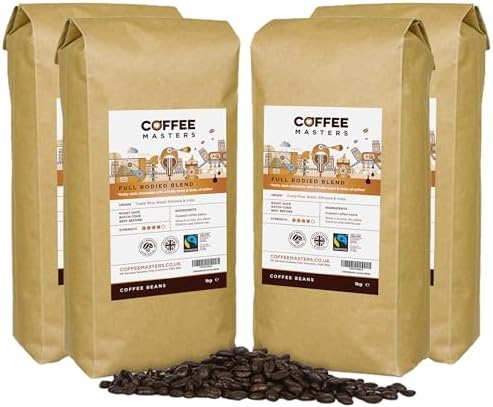 Coffee Masters Full Bodied Espresso Coffee Beans 4x1kg - Medium Dark Roast Arabica Blend, Perfect for Barista Machines - Fairtrade Certified
