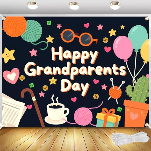 Happy Grandparents Day Backdrop 8x6FT - Best Grandma & Grandpa Photography Background for Party Decor Family Reunion School Event Retirement Celebration - Double Stitched Edges with 19.69FT Ribbon