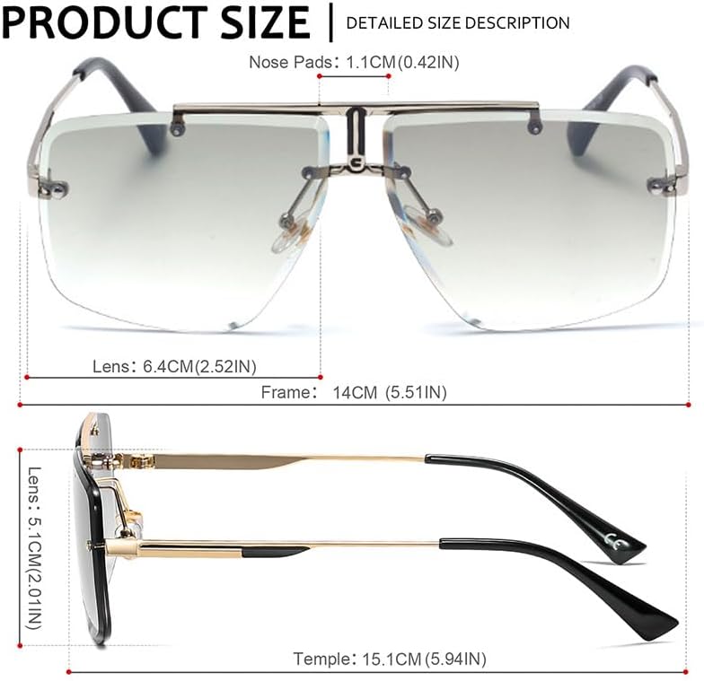 Junsika Oversized Square Rimless Sunglasses for Men Fashion Retro Designer Shades Sunglasses - Image 4