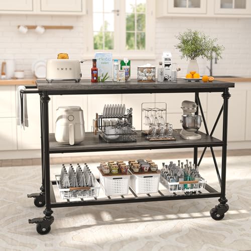 Homieasy Kitchen Island Cart with Wheels, 3-Tier Wood and Metal Rolling Kitchen Island Table with Pipe Legs, Storage Shelves & Lockable Casters for Kitchen Dining Room, Black Oak