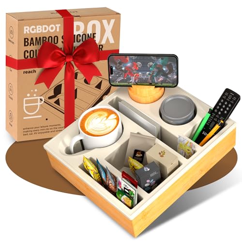 Couchbar Snackbox Silikon sofatablett mit 360 Grad Drehbar Handyhalter beistelltisch mit Holz Sofatablett für Sofa, kino Deko, Couch organizer Bar mit Getränkehalter - Snackbox...