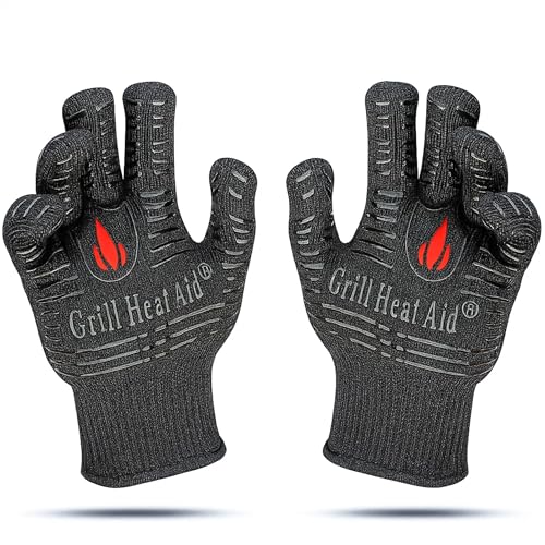 Image of GRILL HEAT AID BBQ Grill Gloves Heat Proof for Grilling - Fireproof 1472F Heat-Resistant Grill Mitts for Outdoor Barbecue and Smoker, Campfire, Fire Pit, Oven Glove with Fingers for Baking Pizza