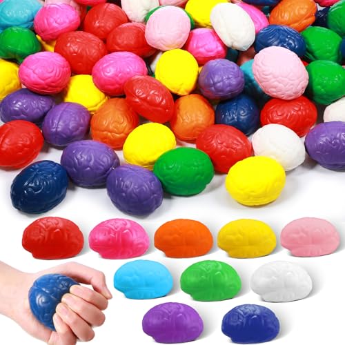 Skylety 100 Pcs Brain Stress Balls Bulk Halloween Funny Toy PU Hand Muscle Exercise Pressure Ball Brain Shaped Toy for Adults Object Recognition Halloween Decoration Prop(10 Colors,Medium)