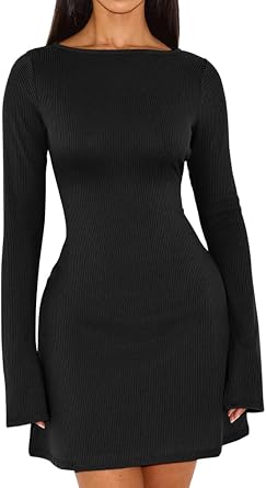 HYZ Womens Fall Sexy Sweater Long Sleeve Round Neck Basic Slim Fit Knit Flowy Hem Mini Dress