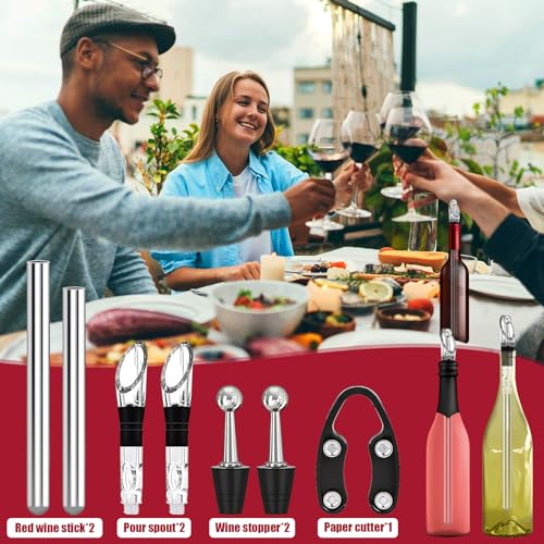 Foto von GUHAOOL Weinkühler Set, 7-in-1 Premium Weinkühlstab, Weinkühler Stab aus Edelstahl,inkl. 2 Stäben+2 Ausgießer+2 Flaschenverschluss+Folienschneider,Bar Geschenk Frauen Männer,Rot- Weißwein Geschenkset
