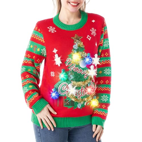 Giggling Getup Women Light Up Christmas Ugly Sweater, Ugly Christmas Sweater with Funny 3D Tree, Red Long Sleeve Xmas Knitted Pattern Pullover
