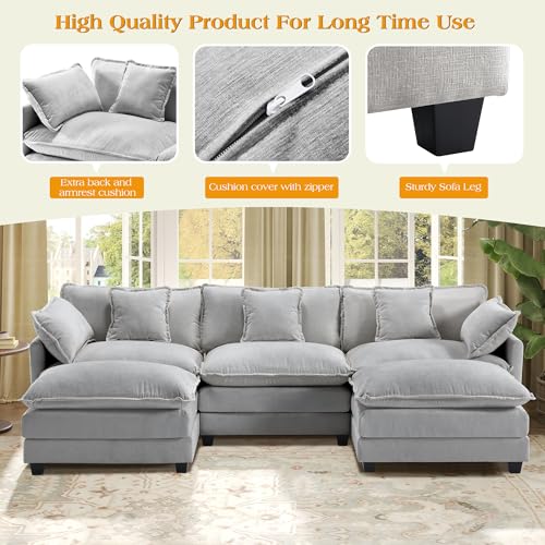 Image of 113.4 inch Modular Sectional Sofa,U Shaped Couch for Living Room,Modern Deep Seat Sofa 3 Seater Chenille Fabric Comfy Cloud Couches with Throw Pillows & Movable Ottoman