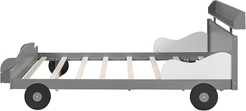 Miniatura 27 de Cama individual de automóvil para niños pequeños con estantes de almacenamiento, marco de cama baja de madera para niños, color blanco