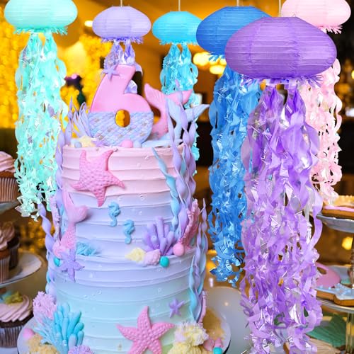 Image of Jellyfish Paper Lanterns Under The Sea Party Decorations for Mermaid Ocean Themed Birthday Party Decorations Baby Shower Classroom Decor 6pcs Blue Style Lantern