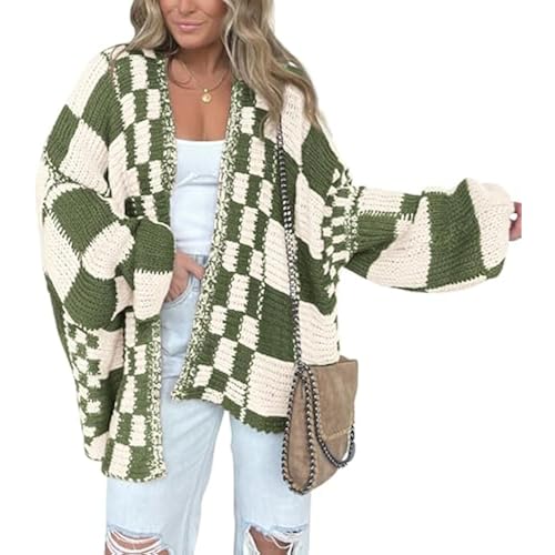 BTFBM Casual Cardigan Sweater for Women Fall 2026 Long Sleeve Sweaters | Fall Outfits, Loose Fit,Solid,Open Front Chunky Knit Sweaters,Chunky Cardigan Sweaters For Women,Checkered Outwear Coat