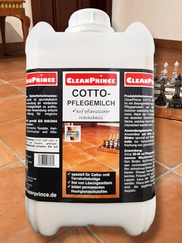 Cleanprince 5 Litros Cotto Pflegemilch Terracota Teracotta Piedra Natural Terrakottaplatten Terrakottafliesen Tono Baldosas Acabado Wax a Básico Wachse Limpiador Producto de Limpieza Brillo Pulimiento