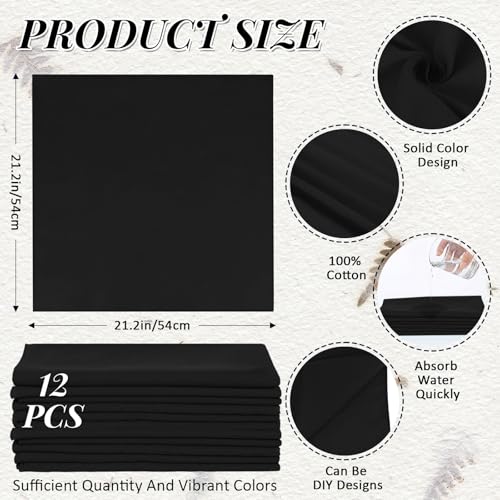 Suhine 12 Pcs 100% Cotton Solid Bandanas Blank Bandanas Multifunctional Headband Scarf Women Men Tie Dye Supplies (Black)