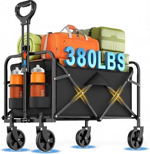 InBrave Heavy-Duty Collapsible Wagon Cart, Foldable Utility Cart with Extra Large Capacity and Drink Holders for Shopping, Camping, Grocery, Sports