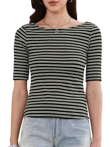 T-shirt rayé pour femme manches mi-longues stretch col bateau