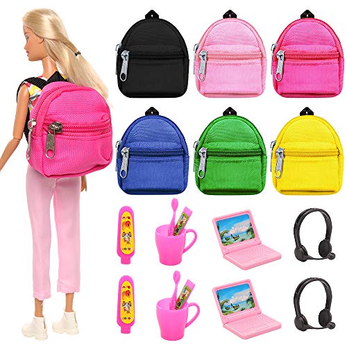 BARWA 18 Pcs Doll Travel Accessories 6 Doll Backpack Bag with Zipper with 2 Computers 8 Pcs Toothbrushing Sets 2 Sunglasses 2 headsets for 11.5 inch Doll