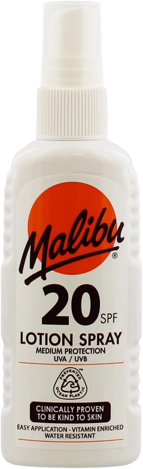 Malibu Sun SPF 20 Sun Lotion Spray with Shea Butter Extract, Moisturising Sunscreen Spray for Body, Lightweight Hydrating Sun Cream, Water Resistant Vitamin Enriched, 100ml