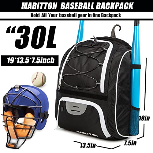 Maritton Baseball Bag - Bat Backpack For Baseball, T-Ball & Softball Equipment & Gear For Youth And Adults With Shoe Compartment And Hold Bat, Helmet, Glove And Shoes. (Blk) #TOP1
