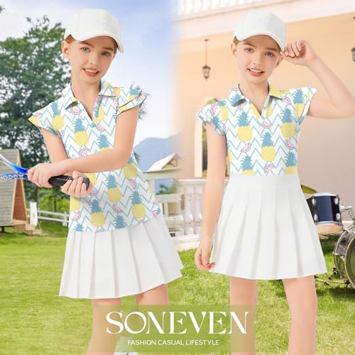 Image of Soneven Girls Ruffle Sleeve Polo Shirts V-Neck Golf Tennis T-Shirts Uniform Shirts Quick Dry for 4-14 Years