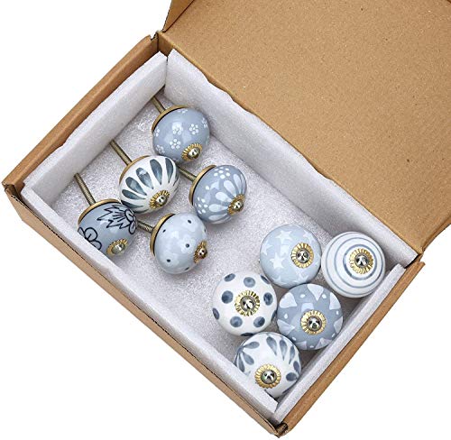 Image of Ceramic Vintage Assorted Blue Pottery Drawer, Door Knobs and Pulls Handle for Kitchen Cabinets Home Interior D�cor (10, Grey) - Pack of 10