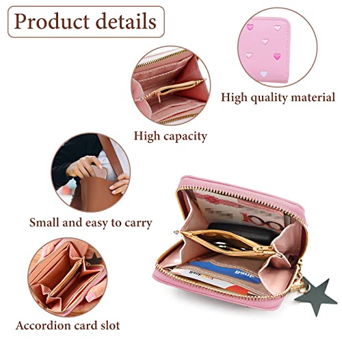 FuninCrea Ladies Purse Wallet with Star Pendant, PU Leather Purse with Card Slots and Compartments, Lady Credit Card Holder with Zipper, Solid Color Wallet with Embroidery Heart Pattern (pink)3
